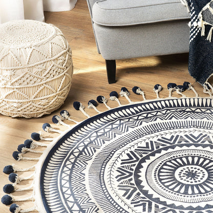 Cream Navy Round Cotton Area Rug 120cm With Tassels For Living Room Decor