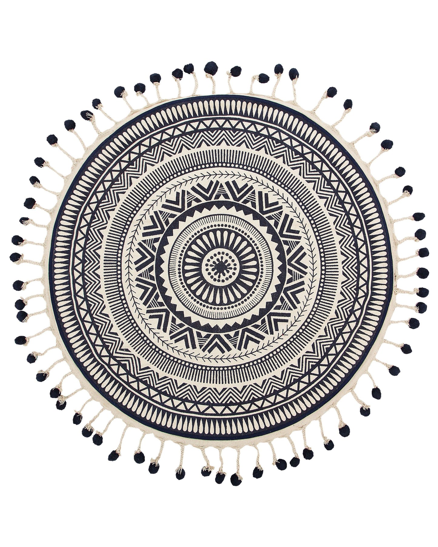Cream Navy Round Cotton Area Rug 120cm With Tassels For Living Room Decor