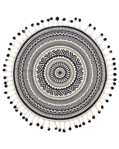 Cream Navy Round Cotton Area Rug 120cm With Tassels For Living Room Decor