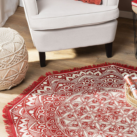 Mezitili Red Cotton Oriental Mandala Inspired Rug 120cm