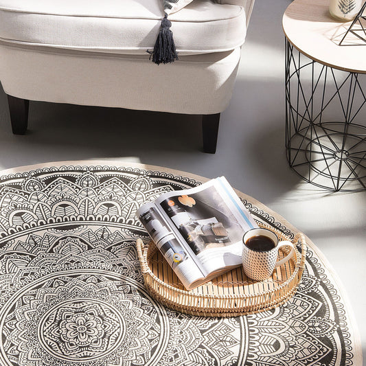 Black Cotton Round Oriental Area Rug 120cm