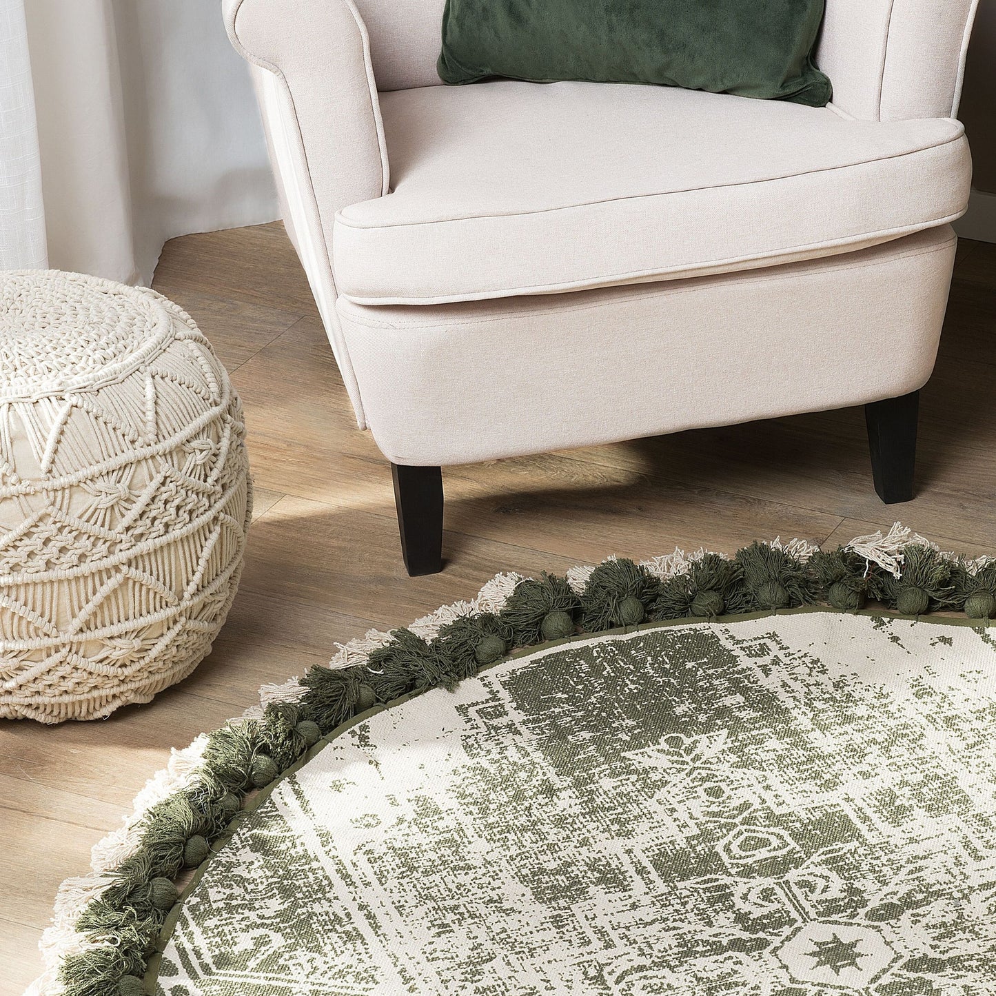 Cream Cotton Round Vintage Area Rug 120cm