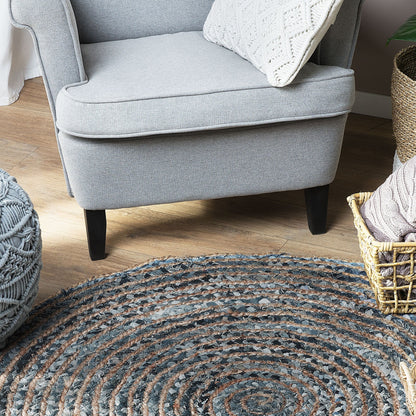 Blue Jute Round Boho Area Rug Braided Cotton 120cm