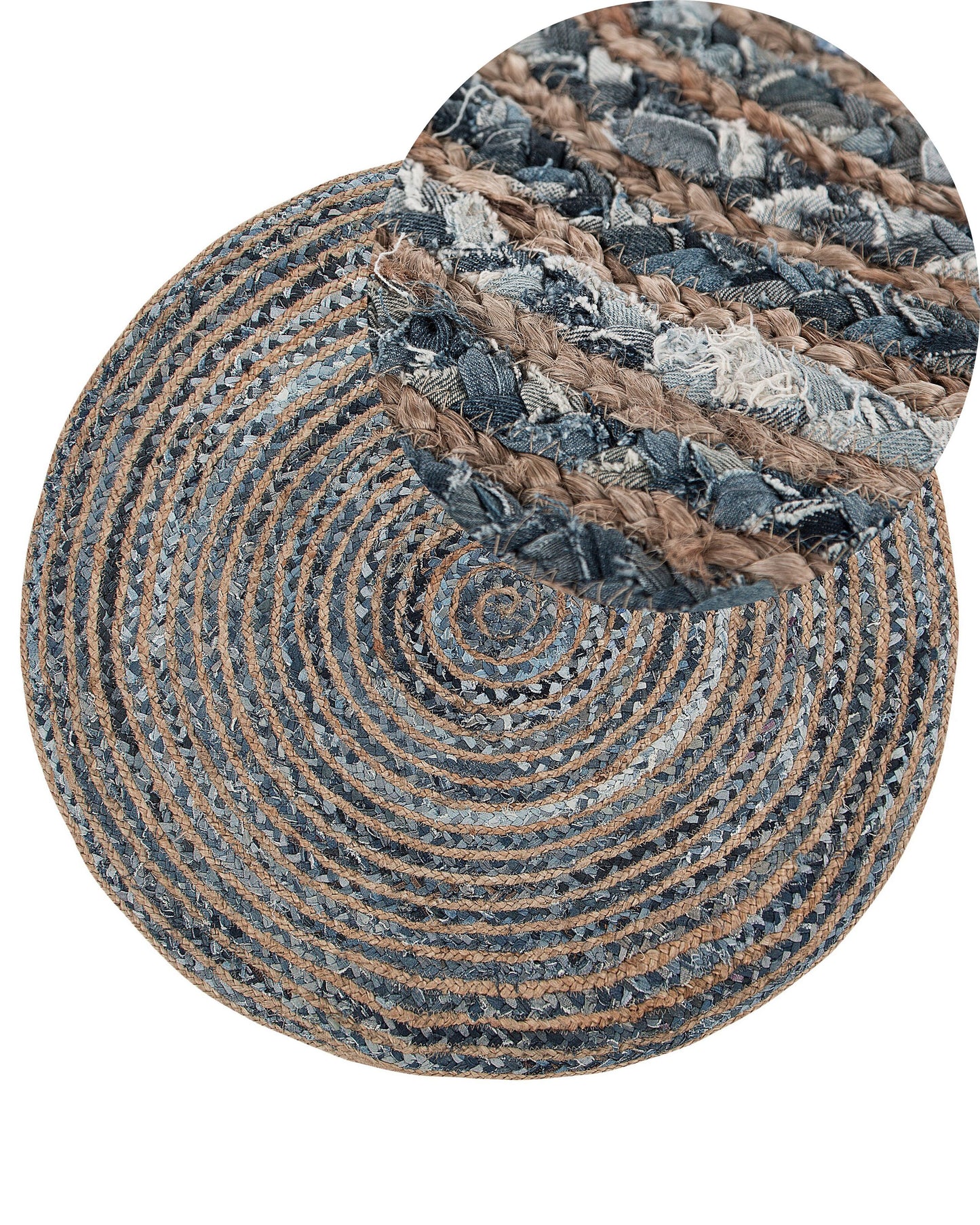 Blue Jute Round Boho Area Rug Braided Cotton 120cm