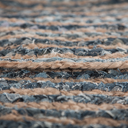 Blue Jute Round Boho Area Rug Braided Cotton 120cm