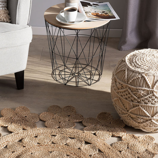 Beige Jute Round Boho Area Rug 120cm Living Room