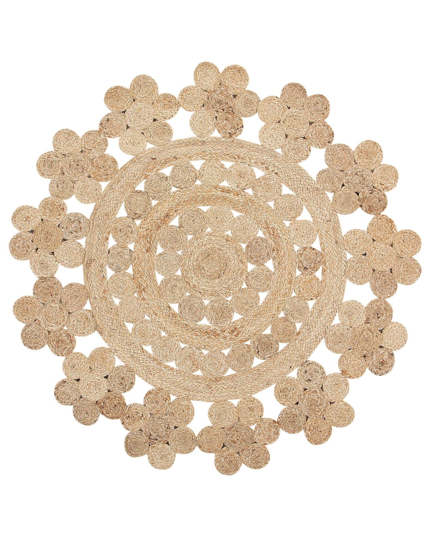Beige Jute Round Boho Area Rug 120cm Living Room
