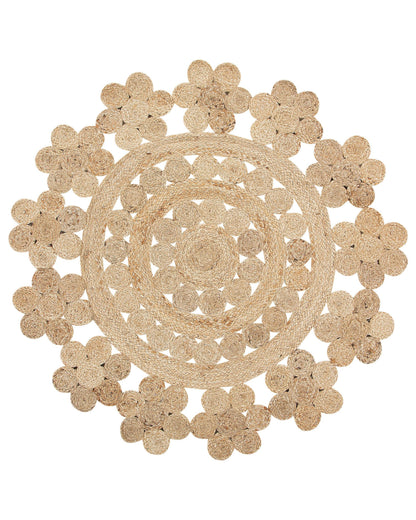 Beige Jute Round Boho Area Rug 120cm Living Room