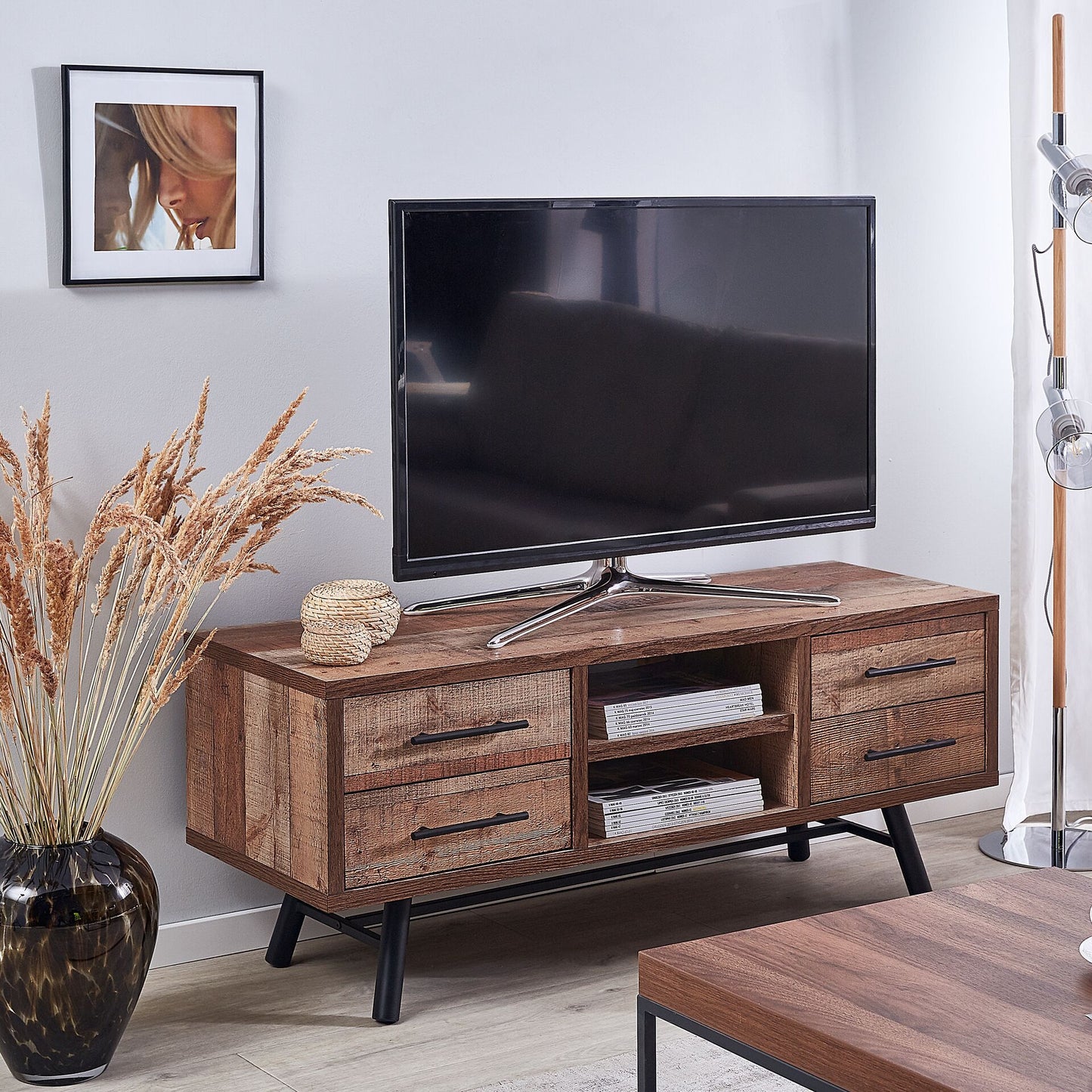 TV Stand for 57 Inch TV Light Brown 2 Shelves 4 Drawers
