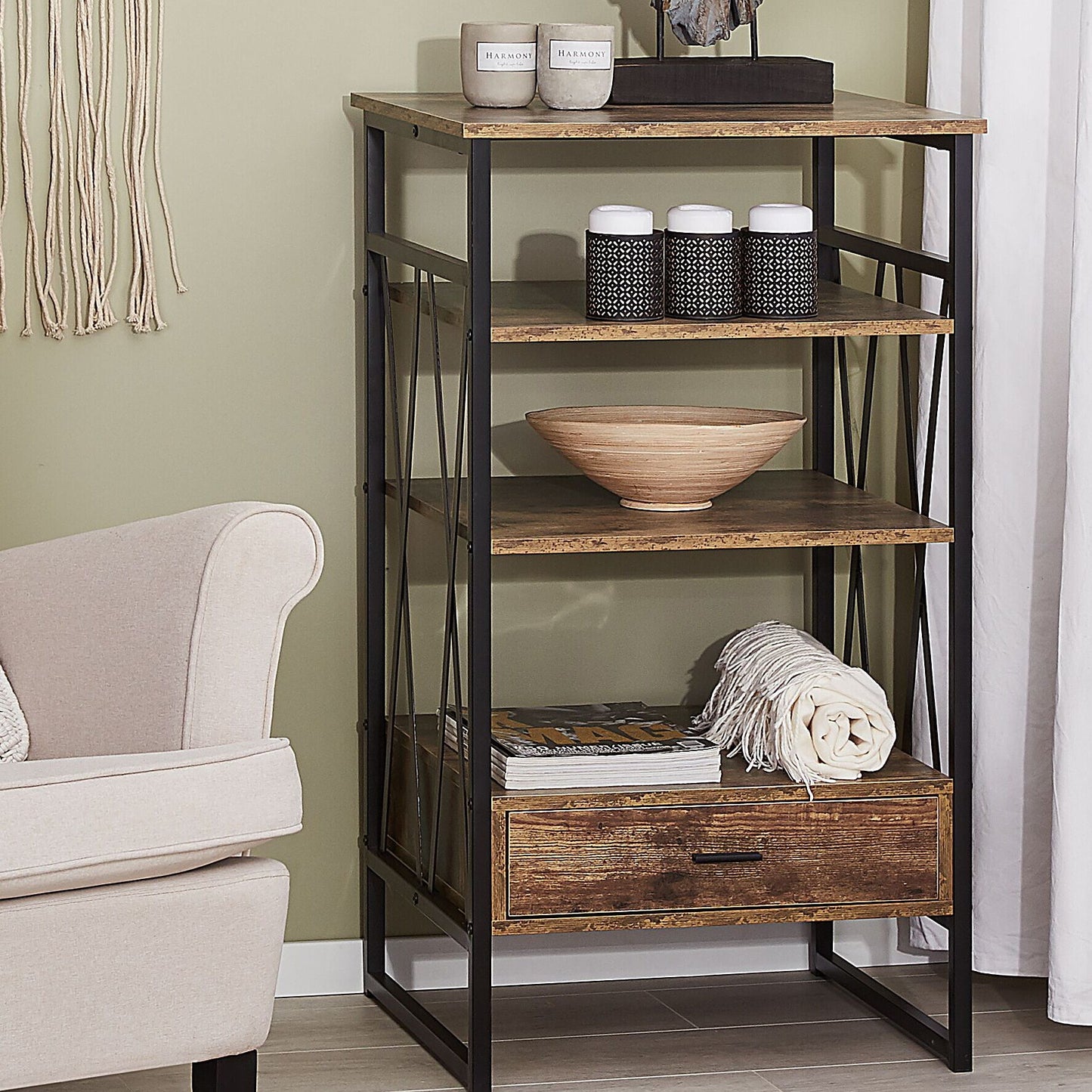 Console Table TV Stand Dark Brown Metal 3 Shelves 1 Drawer