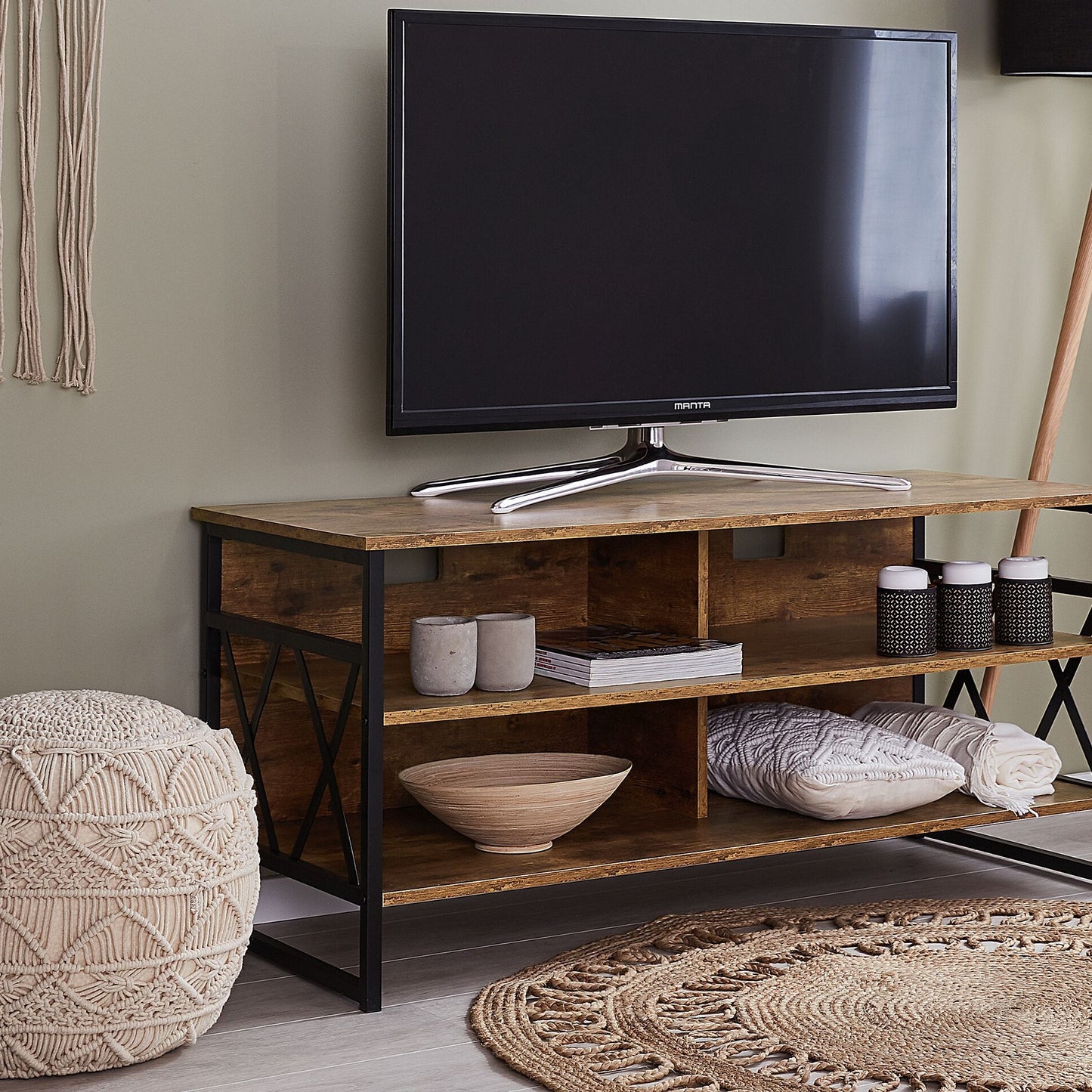 TV Stand Cabinet Brown Metal And Particle Board 4 Shelves