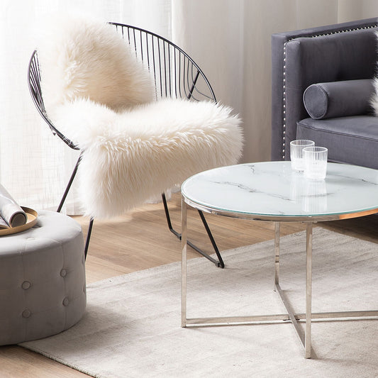 Round Marble Coffee Table White Silver Base 70cm