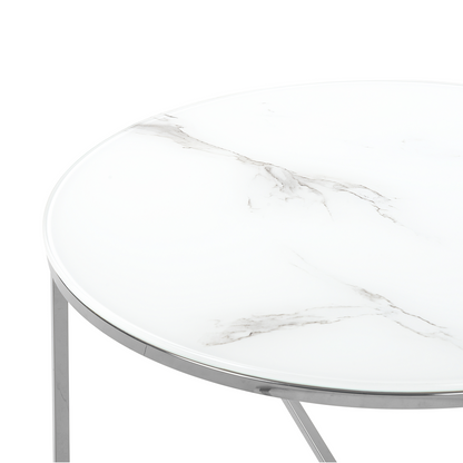 Round Marble Coffee Table White Silver Base 70cm