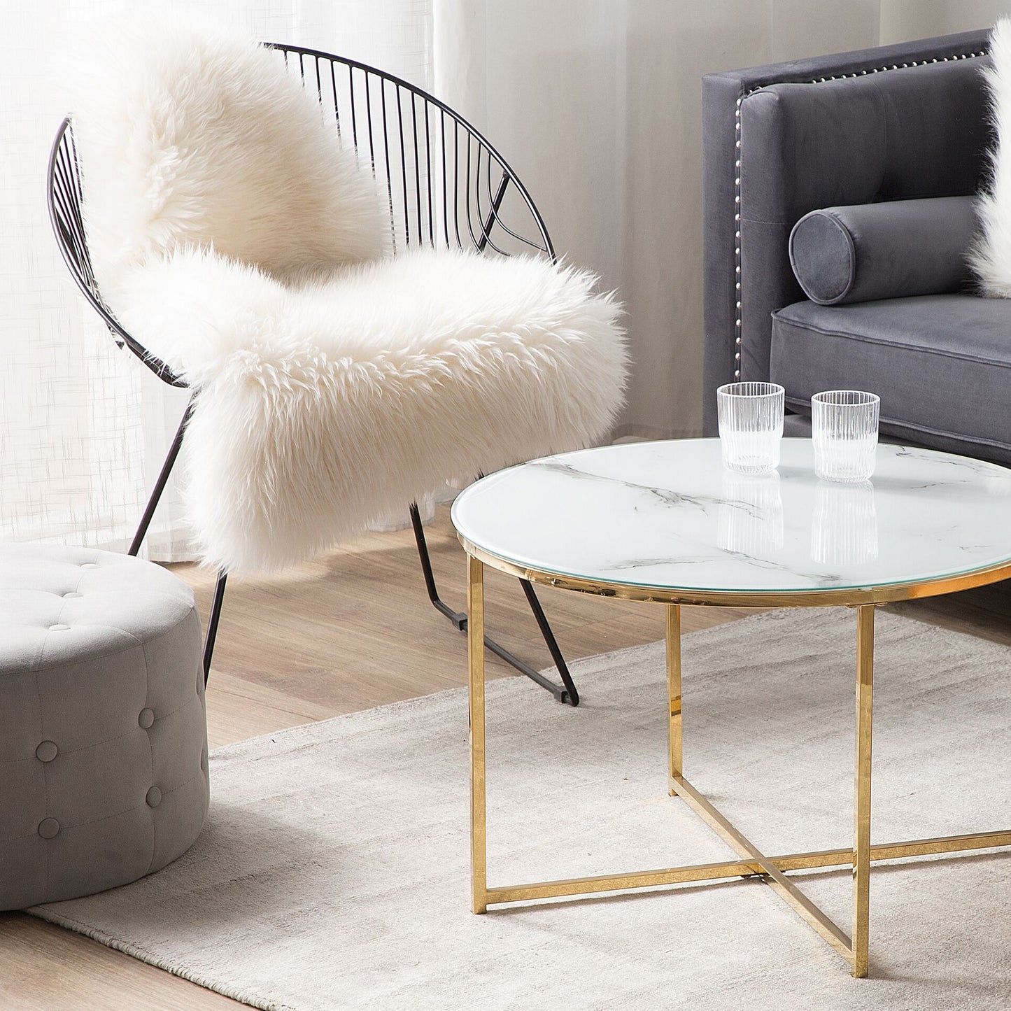 Glamora Round Marble Effect Coffee Table White Gold Base 70cm