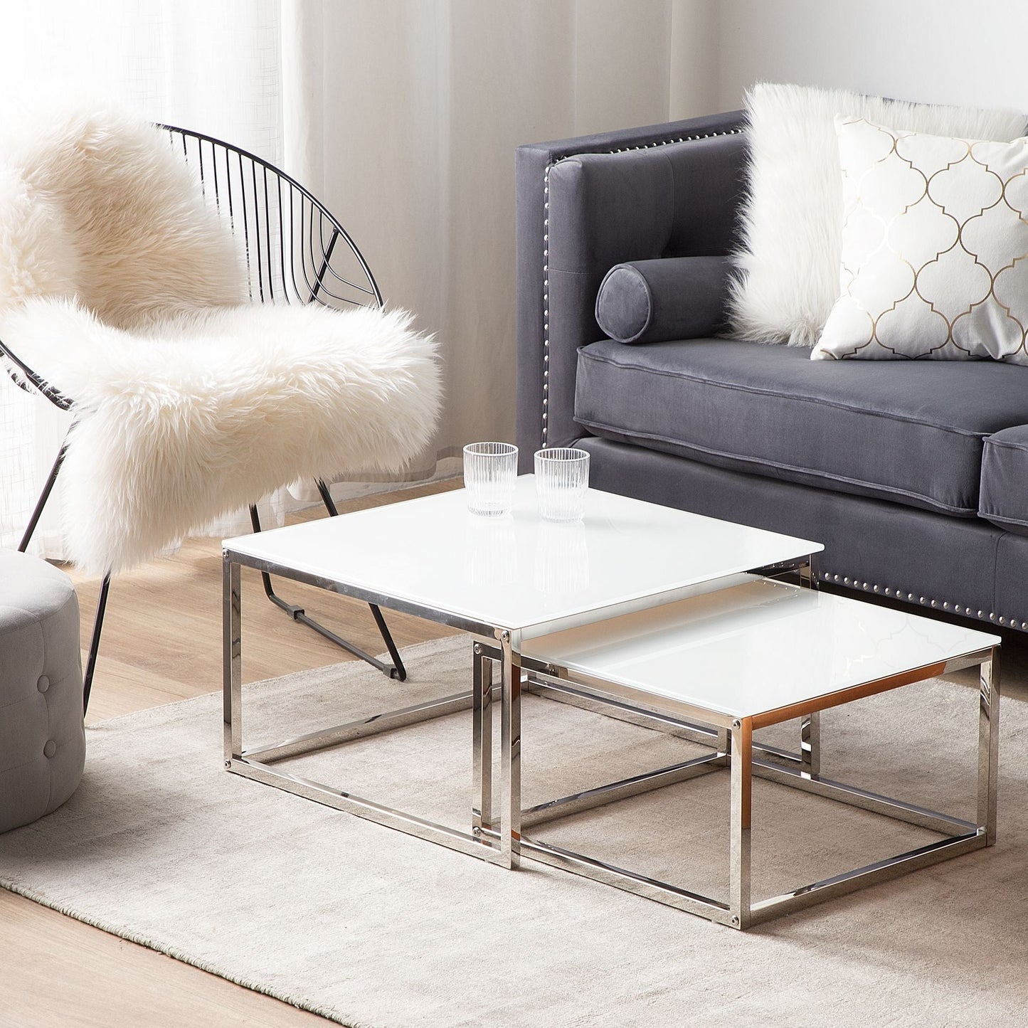 Nest Of 2 Coffee Tables White Top Silver Frame Tempered Glass Stainless Steel Legs