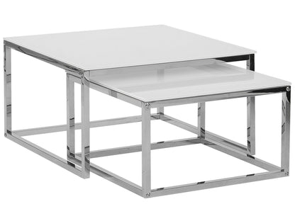 Nest Of 2 Coffee Tables White Top Silver Frame Tempered Glass Stainless Steel Legs