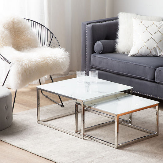 Nest Of 2 White Marble Top Coffee Tables Silver Frame