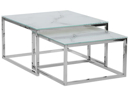 Nest Of 2 White Marble Top Coffee Tables Silver Frame