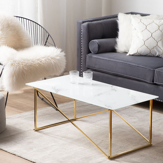 Rectangular White Marble Effect Coffee Table Gold Legs 100 x 50cm