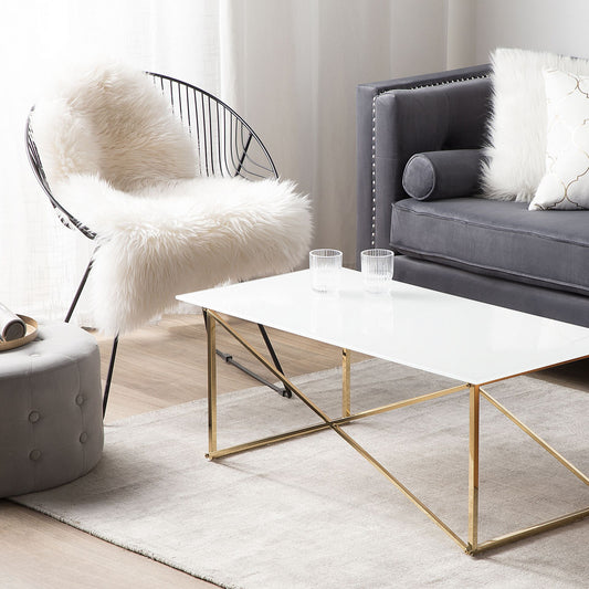 Minimalist Rectangular Coffee Table 100 x 50cm White Top Gold Legs Tempered Glass