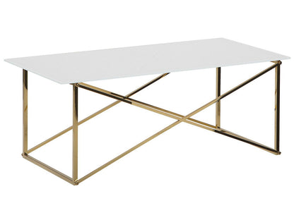Minimalist Rectangular Coffee Table 100 x 50cm White Top Gold Legs Tempered Glass