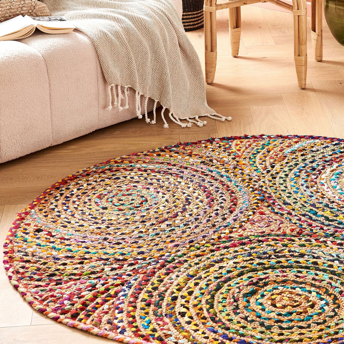 Home Modern Hippie Round Area Rug 140cm Multicoloured Braided Cotton For Bedroom And Living Room