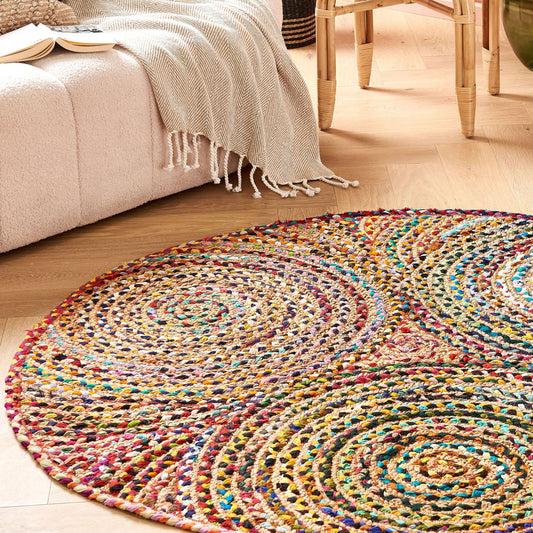 Home Modern Hippie Round Area Rug 140cm Multicoloured Braided Cotton For Bedroom And Living Room