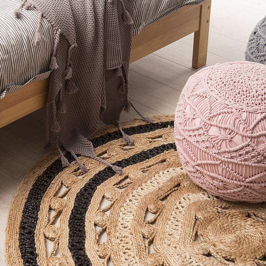 Area Rug 140cm Beige Black Braided Plaited Boho Rustic