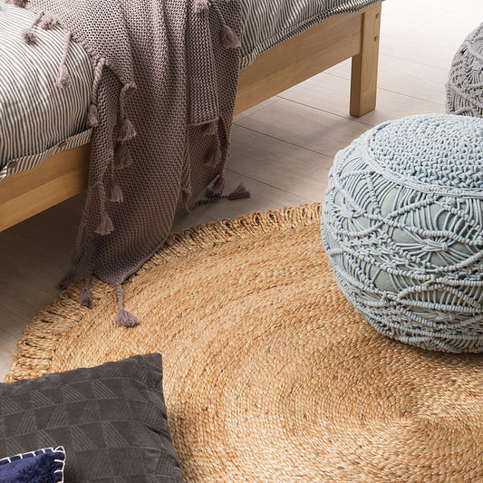 Round Jute Area Rug 140cm Beige Boho Rustic Spiral Braided Plaited Natural Living Room Bedroom