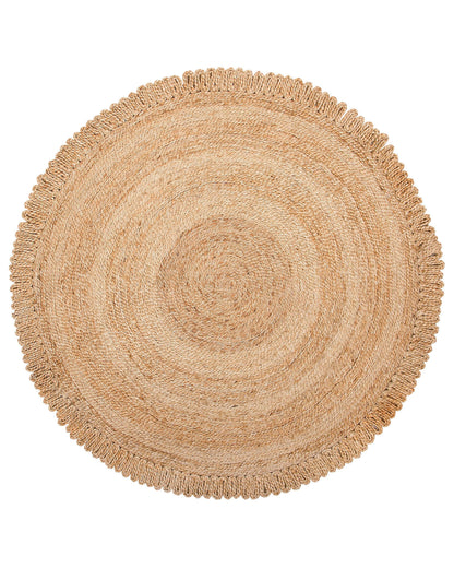 Round Jute Area Rug 140cm Beige Boho Rustic Spiral Braided Plaited Natural Living Room Bedroom