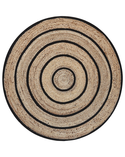 Round Area Rug 140cm Beige Black Braided Cotton Jute