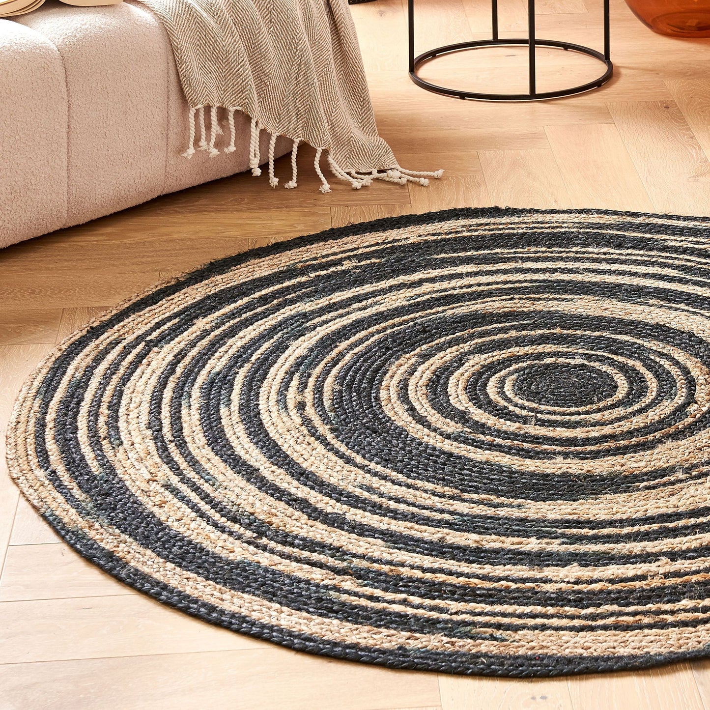 Nordic Weave Jute Rug Round 140cm Beige Black Boho Braided Spiral