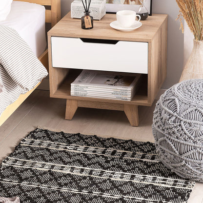 Area Rug Black Beige 80 x 150 Loomed Leather Cotton Chevron