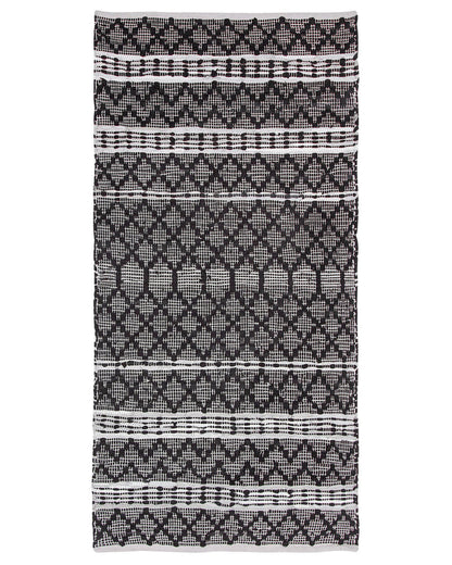 Area Rug Black Beige 80 x 150 Loomed Leather Cotton Chevron