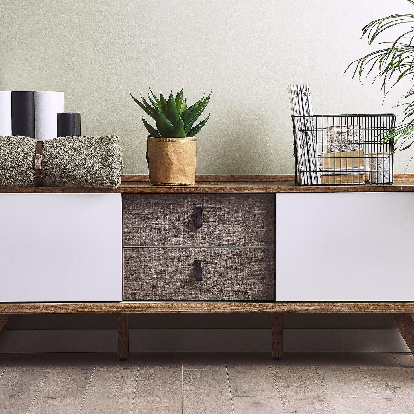 Sideboard Light Brown Veneer 56 by 147 by 42cm With 2 White Sliding Doors and 2 Grey Drawers