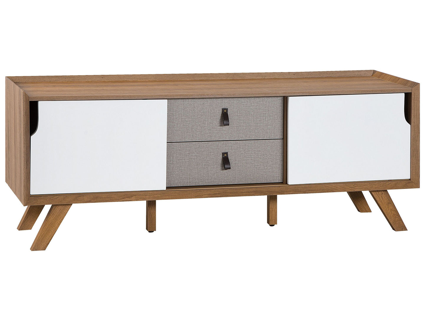 Sideboard Light Brown Veneer 56 by 147 by 42cm With 2 White Sliding Doors and 2 Grey Drawers