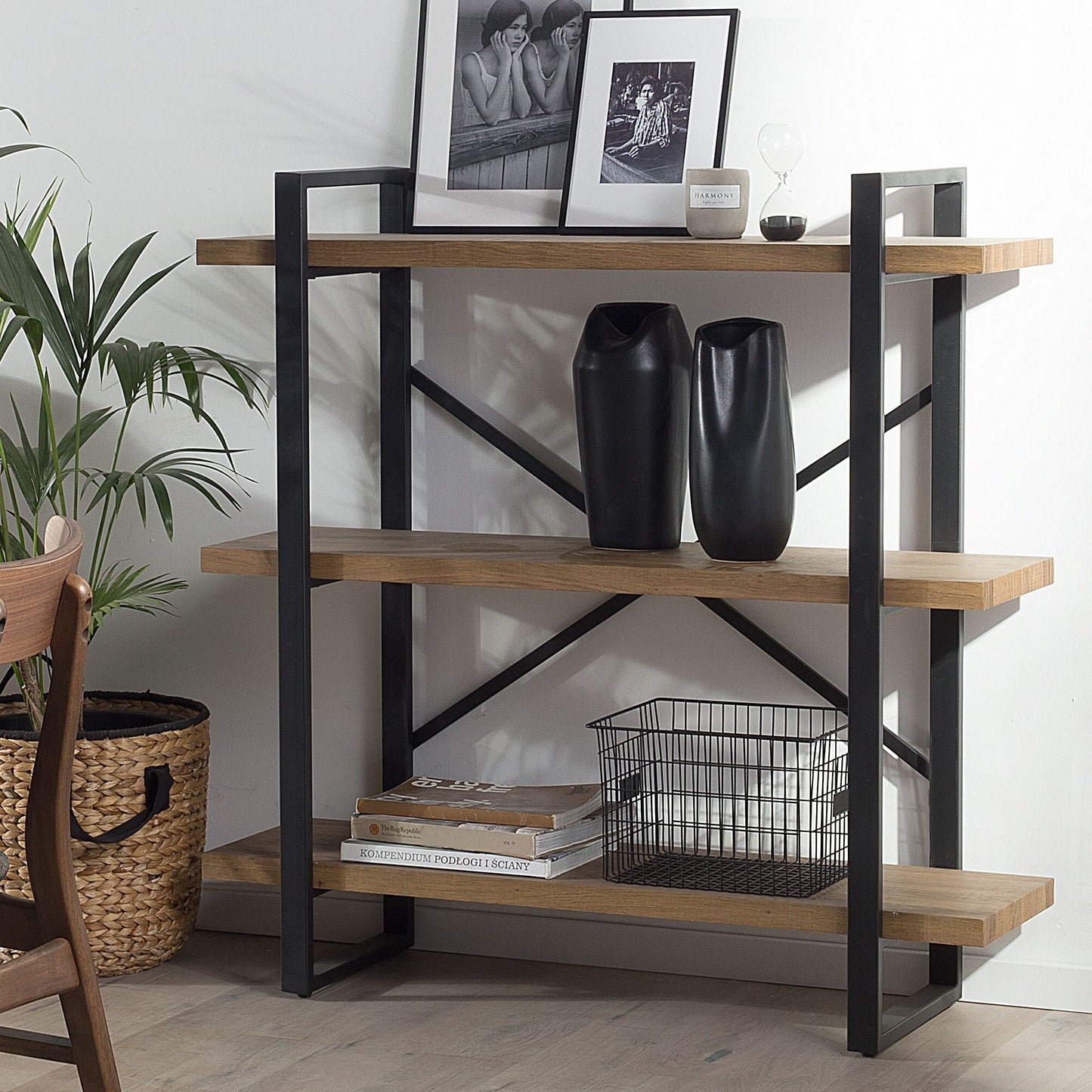3 Tier Bookcase Dark Brown With Black Metal Frame
