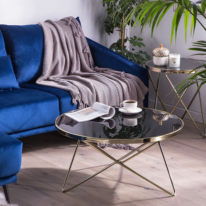 Round Coffee Table Black Glass Top Gold Hairpin Legs ?80cm