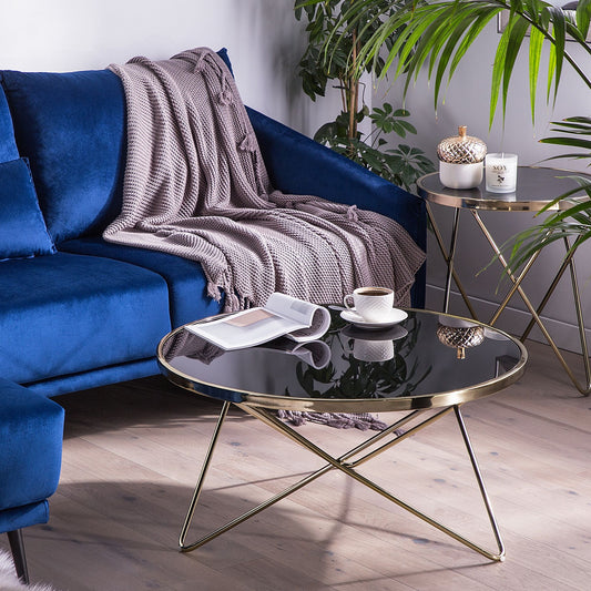 Round Coffee Table Black Glass Top Gold Hairpin Legs ?80cm