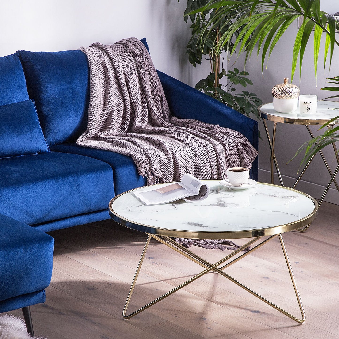 Marble Glass Coffee Table With Gold Hairpin Legs 80cm Round