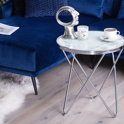 Astra Living Side Table White Marble Glass Top Hairpin Legs 50cm