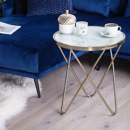 Side Table White Marble Effect Glass Top Gold Hairpin Legs 50cm Round