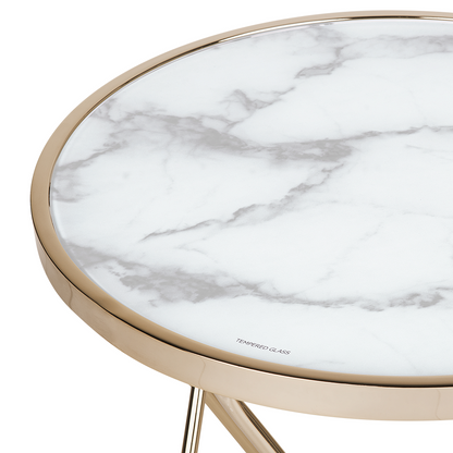 Side Table White Marble Effect Glass Top Gold Hairpin Legs 50cm Round
