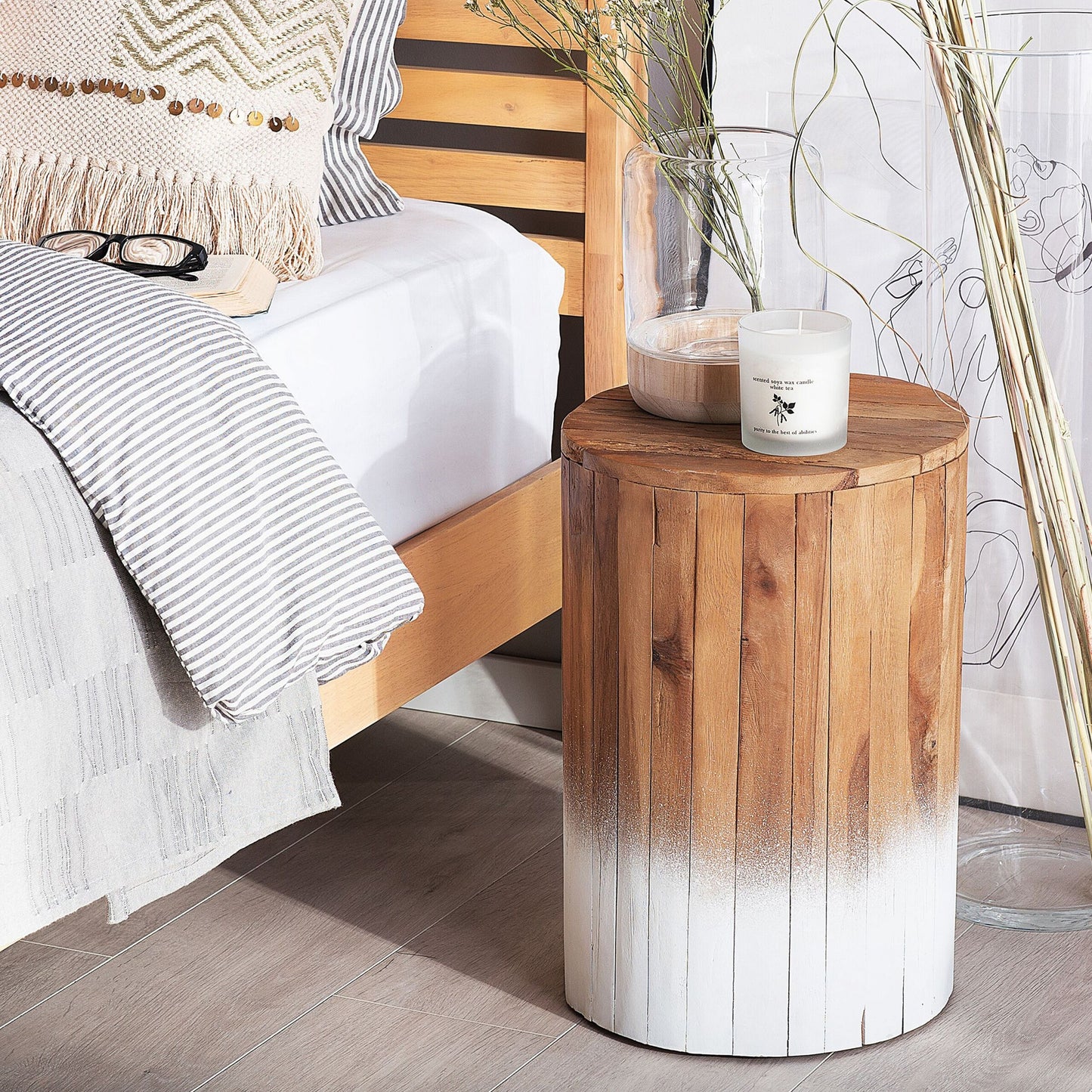 Teak Bedside Table Rustic 30cm Light Brown White