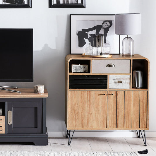 Light Brown Retro Sideboard 80 x 40 x 87cm 2 Doors 3 Drawers