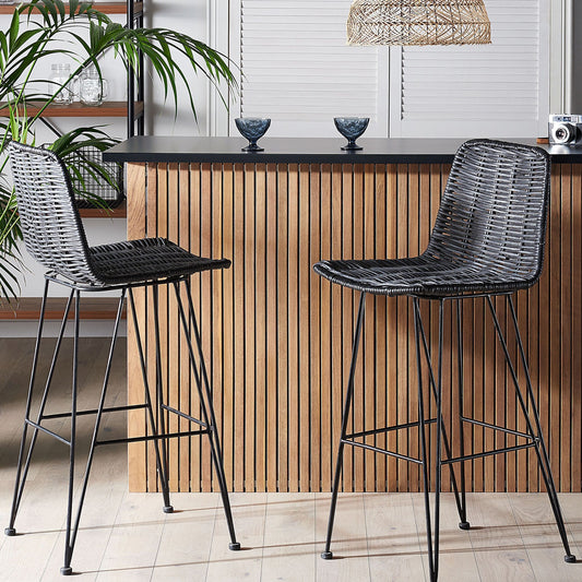 Set Of 2 Black Rattan Bar Chairs With Metal Frames