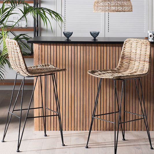 Set Of 2 Bar Chairs Sand Beige Rattan Wicker With Black Metal Frame Rustic Indoor Boho Design
