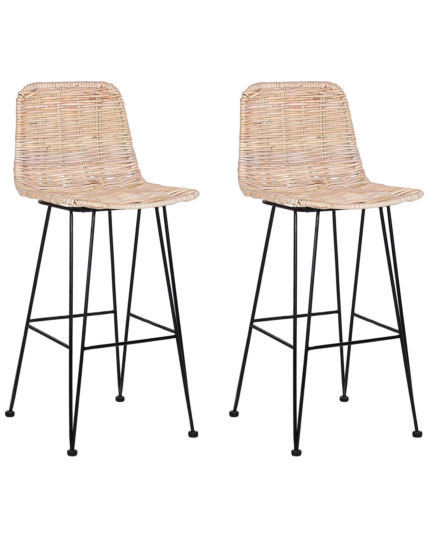 Set Of 2 Bar Chairs Sand Beige Rattan Wicker With Black Metal Frame Rustic Indoor Boho Design