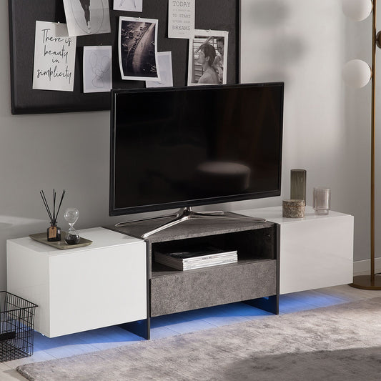 TV Stand Concrete Effect White Veneer With LED Light Storage