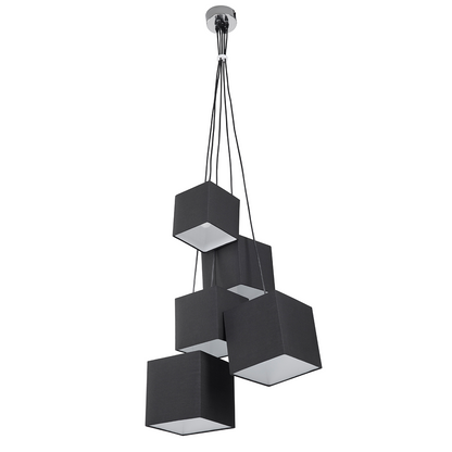 5-Light Cluster Pendant In Black With Square Fabric Shades Adjustable Height
